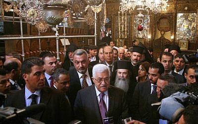 Mahmoud Abbas at the Church of the Nativity in Bethlehem in 2010. (photo credit: Najeh Hashlamoun/Flash90)