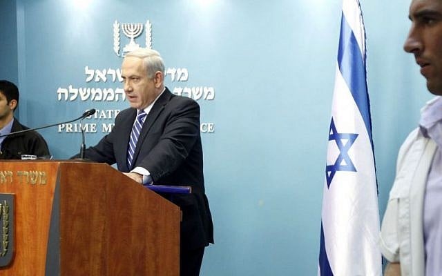 Prime Minister Benjamin Netanyahu, at an October 9, 2012 press conference at the Prime Minister's office in Jerusalem, announces he's calling elections. (Photo credit: Miriam Alster/FLASH90)