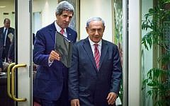 Prime Minister Benjamin Netanyahu (right) and US Secretary of State John Kerry arrive at a joint press conference in Jerusalem, December 5, 2013. (photo credit: Emil Salman/Flash90/Pool)