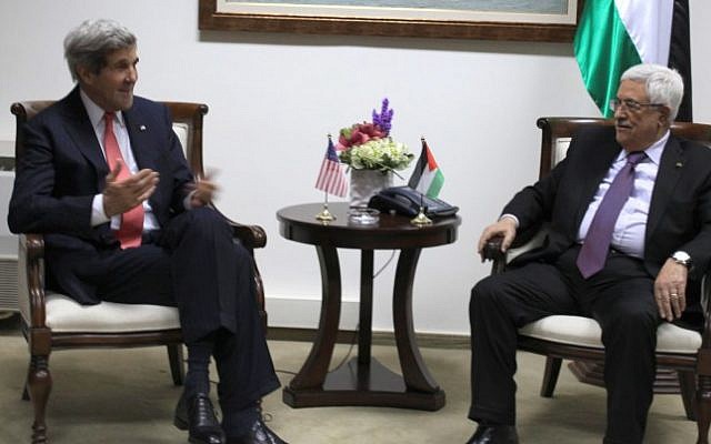 US Secretary of State John Kerry, left, meets with Palestinian Authority President Mahmoud Abbas at the presidential compound in Ramallah on December 12, 2013. (photo credit: Issam Rimawi/Flash90) US Secretary of State John Kerry, left, meets with Palestinian Authority President Mahmoud Abbas at the presidential compound in Ramallah on December 12, 2013. (photo credit: Issam Rimawi/Flash90)