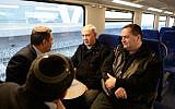 Prime Minister Benjamin Netanyahu (center) with Transportation Minister Yisrael Katz (right) inaugurating Sderot's train station in December 2013. (photo credit: Kobi Gideon /GPO/FLASH90)