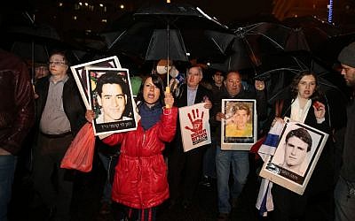 Anti-prisoner release protesters marching in Jerusalem Monday night. (photo credit: Hadas Parush/Flash90)