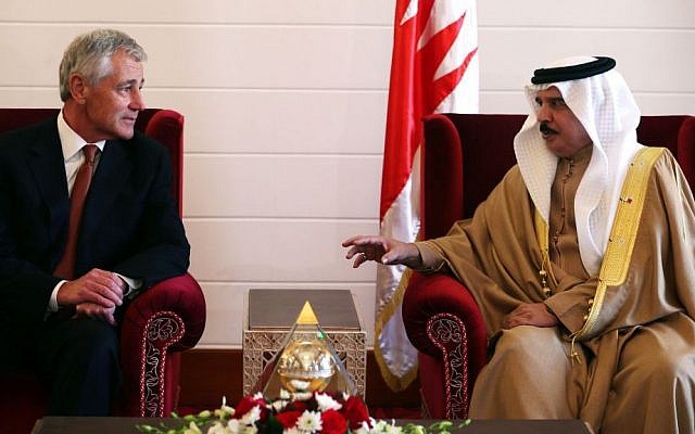 US Secretary of Defense Chuck Hagel, left, meets with King Hamad bin Isa Al Khalifa of Bahrain on Friday at the Safriya Palace, Sadad, Bahrain, southwest of the capital of Manama. Secretary Hagel is visiting Bahrain during a six-day tour to the middle east. (AP Photo/Mark Wilson) US Secretary of Defense Chuck Hagel, left, meets with King Hamad bin Isa Al Khalifa of Bahrain on Friday at the Safriya Palace, Sadad, Bahrain, southwest of the capital of Manama. Secretary Hagel is visiting Bahrain during a six-day tour to the middle east. (AP Photo/Mark Wilson)