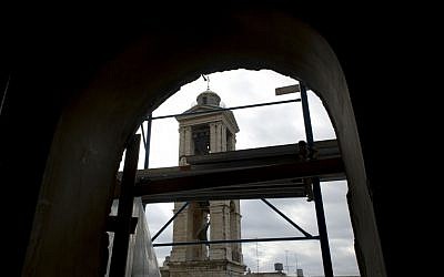 Scaffoldings are seen around the Church of the Nativity in the West Bank city of Bethlehem, on December 10, 2013. (photo credit: AP Photo/Nasser Nasser)