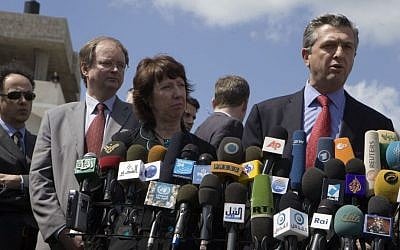 Top EU officials dealing with Israelis and Palestinians. From left to right: Hugues Mingarelli, Christian Berger,  Catherine Ashton and Filippo Grandi (photo credit: European Union)