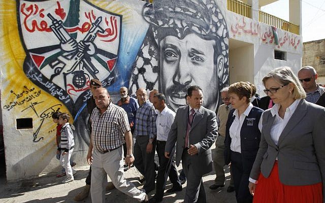 European Commission official Kristalina Georgieva, 2nd from the right, visiting a Palestinian camp in Baalbeek, Lebanon, May 2013 (photo credit: European Union) European Commission official Kristalina Georgieva, 2nd from the right, visiting a Palestinian camp in Baalbeek, Lebanon, May 2013 (photo credit: European Union)