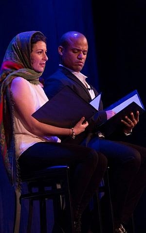 Actors Lisa Circincione and Gamal Palmer acting out author Dora Levy Mossanen’s story, 'Soraya and the Mullah.' (photo credit: Joyce Culver)