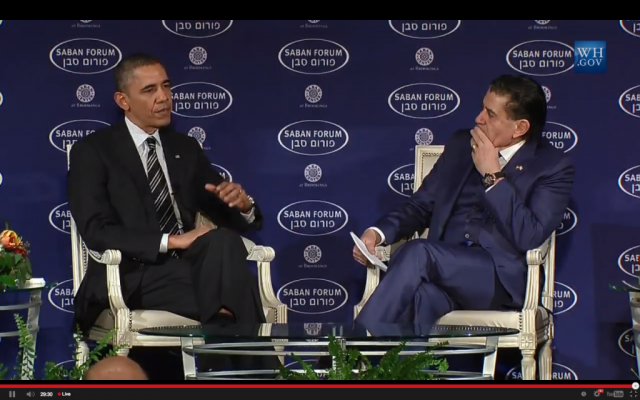 President Barack Obama speaks with Haim Saban at the Saban Forum on December 7, 2013 (photo credit: Saban Forum screenshot) President Barack Obama speaks with Haim Saban at the Saban Forum on December 7, 2013 (photo credit: Saban Forum screenshot)