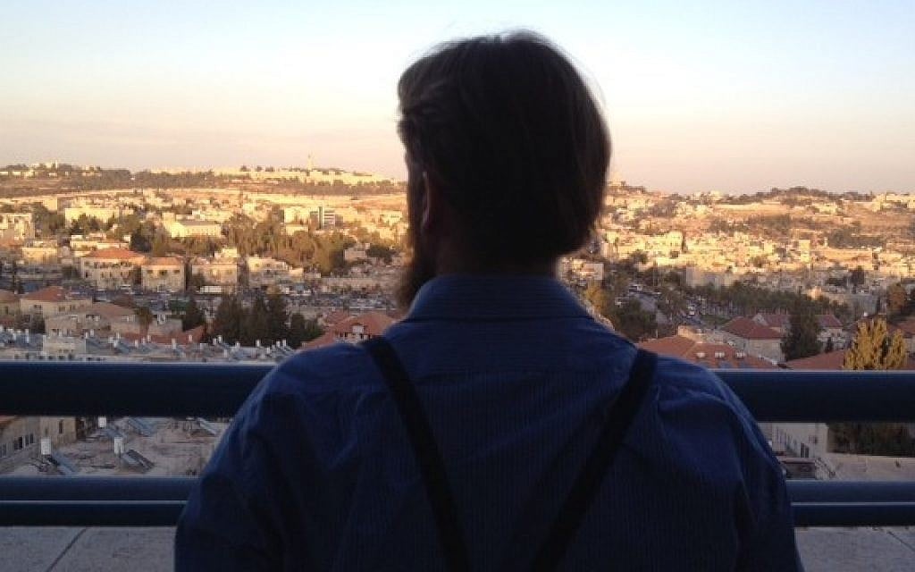 Jonas, an Amish man, looking out over Jerusalem Thursday during a reconciliation mission to Israel (photo credit: Times of Israel/ Lazar Berman)