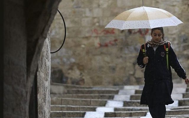 A young girl holding an umbrella to protect her from the rain, seen walking through the alleyways of Jerusalem's Old City, on December 5, 2013. (photo credit: Nati Shohat/Flash90) A young girl holding an umbrella to protect her from the rain, seen walking through the alleyways of Jerusalem's Old City, on December 5, 2013. (photo credit: Nati Shohat/Flash90)