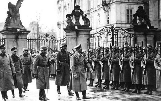 Adolf Hitler at Prague Castle, March 16, 1939 (photo credit: Bundesarchiv/ Wikipedia)