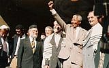 Nelson Mandela at Cape Town’s Green and Sea Point Hebrew Congregation in 1994 (photo credit: JTA)