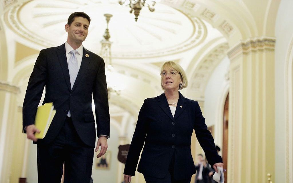 The House Budget Committee chair, Rep. Paul Ryan, and the Senate Budget Committee chair, Sen. Patty Murray, walk past the Senate chamber on their way to a press conference to announce a bipartisan budget deal, Dec. 10, 2013. (photo credit: T.J. Kirkpatrick/Getty Images/JTA) The House Budget Committee chair, Rep. Paul Ryan, and the Senate Budget Committee chair, Sen. Patty Murray, walk past the Senate chamber on their way to a press conference to announce a bipartisan budget deal, Dec. 10, 2013. (photo credit: T.J. Kirkpatrick/Getty Images/JTA)