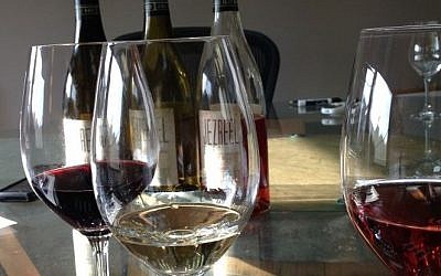 A red, a white and a rose from Jezreel Valley Winery (photo credit: Jessica Steinberg/Times of Israel)