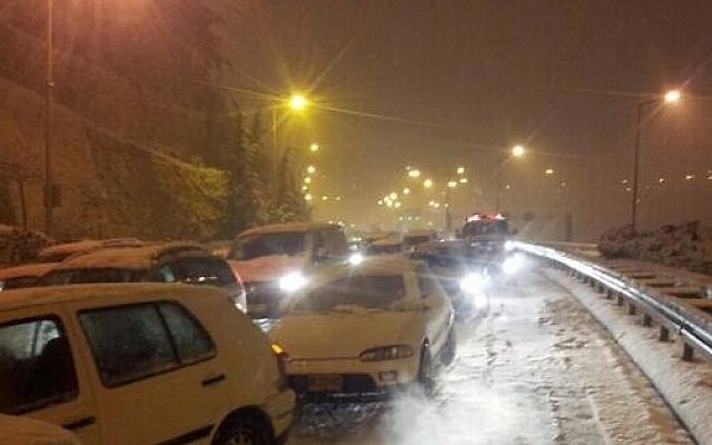 Cars stranded at the entrance to Jerusalem early Friday morning. (photo credit: Israel Hatzolah)