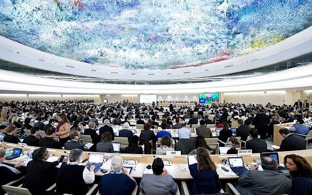 A UN Human Rights Council Meeting in Geneva in May 2013. (photo credit: UN Photo/Jean-Marc Ferré)
