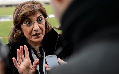 Syrian presidential advisor Buthaina Shaaban answers a question from a journalist in Geneva, Wednesday (photo credit: Fabrice Coffrini/AFP)