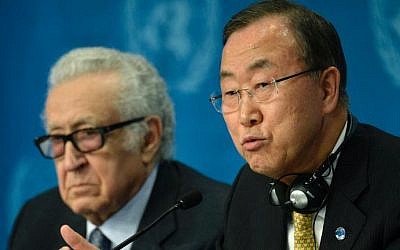 UN Secretary-General Ban Ki-moon, right, and UN-Arab League envoy Lakhdar Brahimi attend a press conference at the Geneva II conference in Montreux, Switzerland, on Wednesday (photo credit: Philippe Desmazes/AFP)