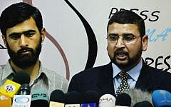 Hamas officials Sami Abu Zuhri (right) and Mushir Al-Masri in Gaza (photo credit: AP/Hatem Moussa)
