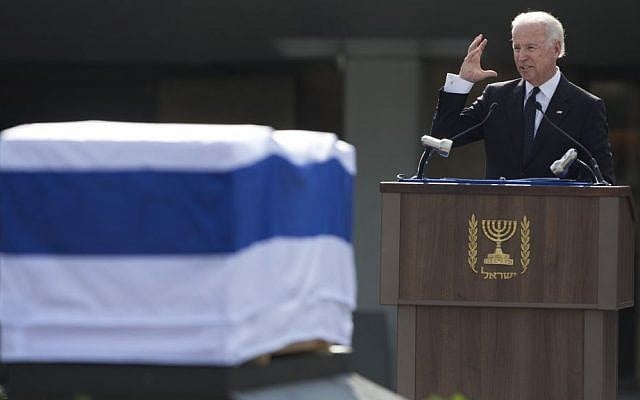 US Vice President Joe Biden delivers a speech next to the coffin of Ariel Sharon outside the Knesset in Jerusalem, Monday, January 13, 2014 (photo credit: AP/Sebastian Scheiner) US Vice President Joe Biden delivers a speech next to the coffin of Ariel Sharon outside the Knesset in Jerusalem, Monday, January 13, 2014 (photo credit: AP/Sebastian Scheiner)