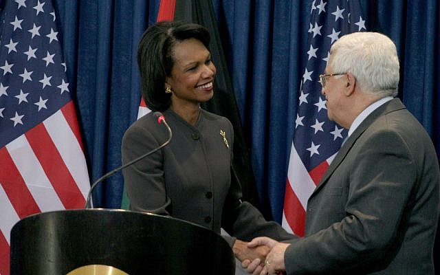 US secretary of state Condoleezza Rice talks with Palestinian Authority President Mahmoud Abbas in Ramallah, 7 November, 2008. Rice said the previous day that Israeli-Palestinian negotiations launched a year ago were vibrant, vital and would eventually lead to a Palestinian state. (Photo credit: Issam Rimawi / Flash 90) US secretary of state Condoleezza Rice talks with Palestinian Authority President Mahmoud Abbas in Ramallah, 7 November, 2008. Rice said the previous day that Israeli-Palestinian negotiations launched a year ago were vibrant, vital and would eventually lead to a Palestinian state. (Photo credit: Issam Rimawi / Flash 90)