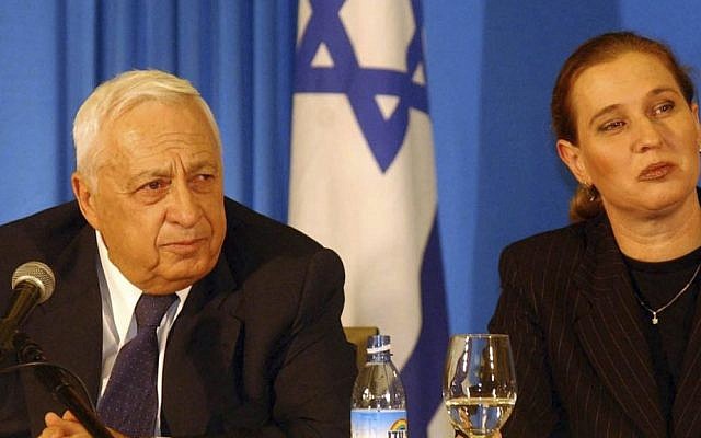 Sharon with Tzipi Livni in 2001. Livni would later follow Sharon into the Kadima party in 2005. (photo credit: Flash90)