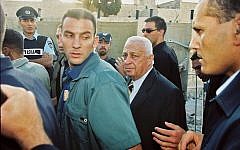 Then opposition leader Ariel Sharon seen at the Mugrabi Gate en route  to the Temple Mount, on 28 September 2000. Sharon visited with an escort of over 1,000 police officers. (Flash90)