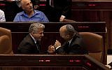 Laughing with a dictator? Naftali Bennett had some harsh words for his coalition partner Yair Lapid. Here the two laugh during a Knesset session in November 2013 (photo credit: Flash90)