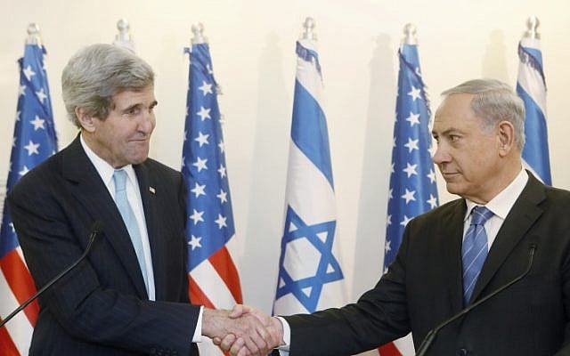 US Secretary of State John Kerry meets with Israeli Prime Minister Benjamin Netanyahu in Jerusalem on January 2, 2014. (photo credit: Miriam Alster/Flash90)