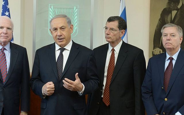 From left: Sen. John Mccain, Prime Minister Benjamin Netanyahu, Sen. John Barrasso and Sen. Lindsey Graham in Jerusalem in January, 2014 (photo credit: Amos Ben Gershom/GPO/Flash90) From left: Sen. John Mccain, Prime Minister Benjamin Netanyahu, Sen. John Barrasso and Sen. Lindsey Graham in Jerusalem in January, 2014 (photo credit: Amos Ben Gershom/GPO/Flash90)