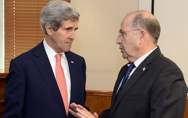 Defense Minister Moshe Yaalon (R) meets with US Secretary of State John Kerry in Jerusalem on January 3, 2014 (photo credit: Matty Stern/US Embassy/Flash90)