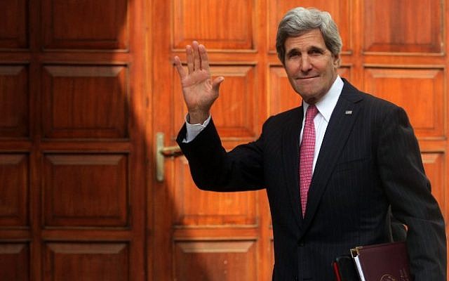 US Secretary of State John Kerry waves upon arrival for a meeting with Palestinian President Mahmoud Abbas in the West Bank city of Ramallah January 4, 2014. (photo credit: Issam Rimawi/Flash90) US Secretary of State John Kerry waves upon arrival for a meeting with Palestinian President Mahmoud Abbas in the West Bank city of Ramallah January 4, 2014. (photo credit: Issam Rimawi/Flash90)