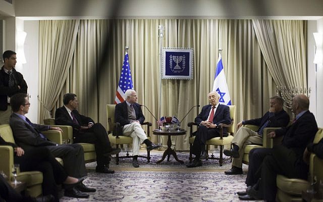 Republican US Senator John McCain meets with President Shimon Peres at the president's residence in Jerusalem on January 4, 2014. Yonatan Sindel/Flash90) Republican US Senator John McCain meets with President Shimon Peres at the president's residence in Jerusalem on January 4, 2014. Yonatan Sindel/Flash90)