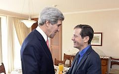US Secretary of State John Kerry (left) meets with Israeli leader of the opposition MK Isaac Herzog in Jerusalem on January 6, 2014. (Matty Stern/US Embassy Tel Aviv)