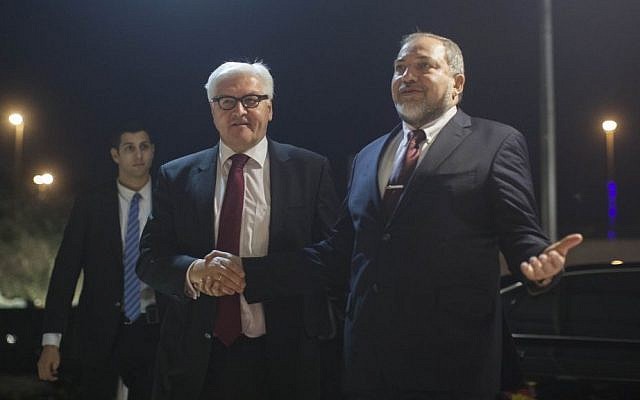 Israeli Foreign Minister Avigdor Liberman, right, shakes hands with his German counterpart Frank-Walter Steinmeier at the Foreign Ministry in Jerusalem, January13 , 2014 (photo credit: Yonatan Sindel/Flash90) Israeli Foreign Minister Avigdor Liberman, right, shakes hands with his German counterpart Frank-Walter Steinmeier at the Foreign Ministry in Jerusalem, January13 , 2014 (photo credit: Yonatan Sindel/Flash90)