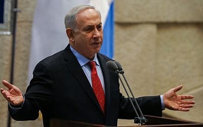 Prime Minister Benjamin Netanyahu addresses the Knesset during a special session celebrating the parliament's 65th birthday, Tuesday, January 14, 2014. (photo credit: Yonatan Sindel/Flash90) 