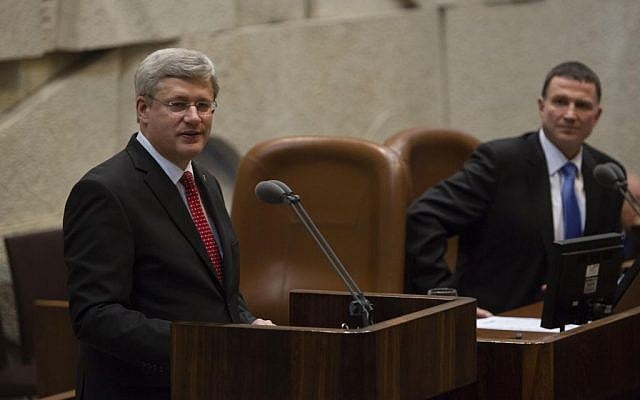 Canadian Prime Minister Stephen Harper addresses the Knesset, on Monday, January 20, 2014. At right is Knesset Speaker Yuli Edelstein (Photo credit: Flash 90) Canadian Prime Minister Stephen Harper addresses the Knesset, on Monday, January 20, 2014. At right is Knesset Speaker Yuli Edelstein (Photo credit: Flash 90)