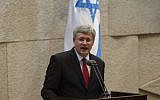 Canadian Prime Minister Stephen Harper addresses the Knesset, Monday, January 20, 2014. (Photo credit: Flash 90)