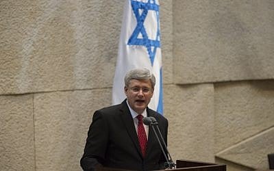 Canadian Prime Minister Stephen Harper addresses the Knesset on Monday (photo credit: Flash90)