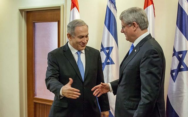 Canadian Prime Minister Stephen Harper (right), meets with Prime Minister Benjamin Netanyahu at Netanyahu's office in Jerusalem, during Harper's official state visit to Israel and the West Bank, Tuesday, January 21, 2103 (photo credit: Emil Salman/Pool/Flash 90) Canadian Prime Minister Stephen Harper (right), meets with Prime Minister Benjamin Netanyahu at Netanyahu's office in Jerusalem, during Harper's official state visit to Israel and the West Bank, Tuesday, January 21, 2103 (photo credit: Emil Salman/Pool/Flash 90)