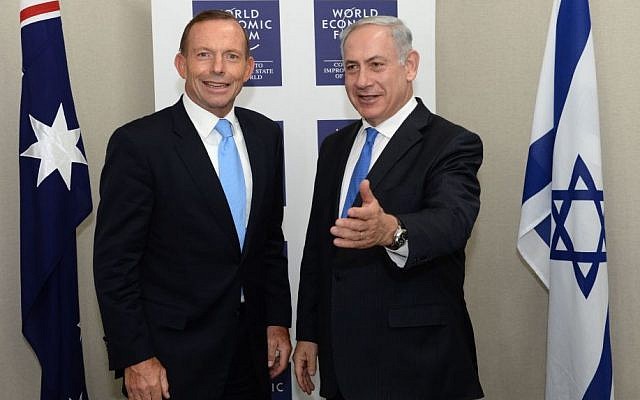 Prime Minister of Australia Tony Abbott (left) meets with Prime Minister Benjamin Netanyahu during the annual meeting of the World Economic Forum in Davos, January 23, 2014. (Kobi Gideon/GPO/Flash 90) Prime Minister of Australia Tony Abbott (left) meets with Prime Minister Benjamin Netanyahu during the annual meeting of the World Economic Forum in Davos, January 23, 2014. (Kobi Gideon/GPO/Flash 90)