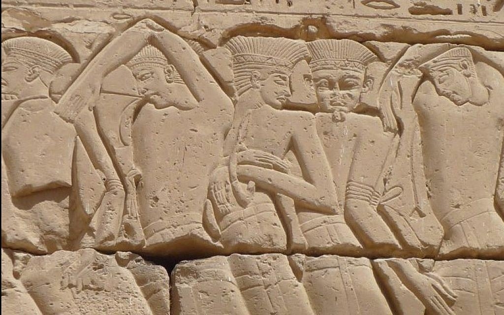 Relief depicting Sea Peoples taken captive by Ramesses III at the temple of Medinet Habu. (photo credit: CC BY-SA Rémih, Wikimedia Commons) Relief depicting Sea Peoples taken captive by Ramesses III at the temple of Medinet Habu. (photo credit: CC BY-SA Rémih, Wikimedia Commons)
