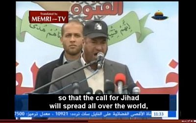 Hamas Interior Minister Fathi Hammad speaks to graduates of the organization's youth camps in Gaza, calling on them to annihilate Israel and take their struggle across the world, in January 2014. (screen capture: MEMRI)