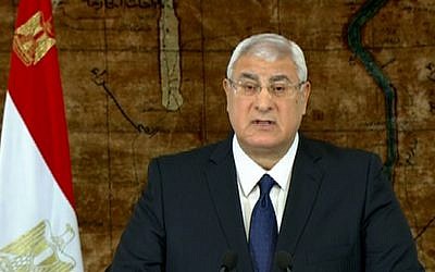 Egypt's interim President Adly Mansour (photo credit: AP/Egyptian State Television/File)