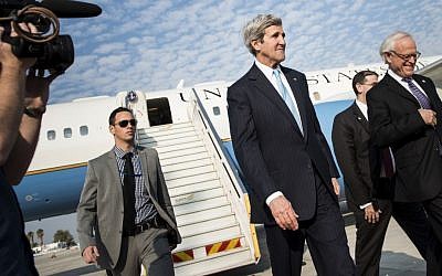 Illustrative photo of US Secretary of State John Kerry at Ben Gurion airport on Thursday, January 2, 2014. (photo credit: AP Photo/Brendan Smialowski, Pool)