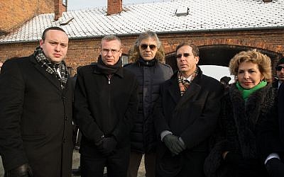 Israeli dignitaries attend ceremony at Auschwitz-Birkenau, Poland on International Holocaust Remembrance Day. From left: Jonny Daniels (From the Depths), Coalition Chairman MK Yariv Levin, singer Andrea Bocelli, Opposition leader Isaac Herzog, and Immigrant Absorption Minister Sofa Landver. (photo courtesy of From the Depths)