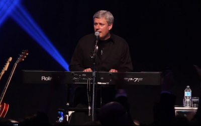 Former Canadian prime minister Stephen Harper performs with his band, Herringbone, at a Jewish National Fund dinner in Toronto, Canada, December 2013. (YouTube screenshot) Former Canadian prime minister Stephen Harper performs with his band, Herringbone, at a Jewish National Fund dinner in Toronto, Canada, December 2013. (YouTube screenshot)