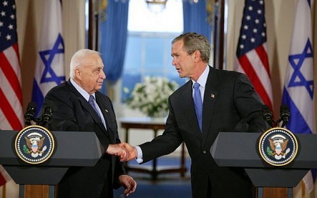 Prime minister Ariel Sharon and President George W Bush at the White House in April 2004 (photo credit: White House / Wikipedia Commons) Prime minister Ariel Sharon and President George W Bush at the White House in April 2004 (photo credit: White House / Wikipedia Commons)