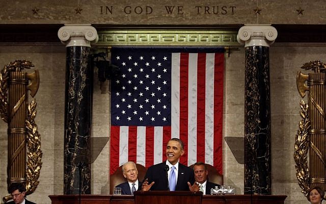 US President Barack Obama delivers the State of Union address before a joint session of Congress in the House chamber Tuesday, January 28, 2014, in Washington, as Vice President Joe Biden, and House Speaker John Boehner of Ohio, listen (photo credit: AP/Larry Downing, Pool) US President Barack Obama delivers the State of Union address before a joint session of Congress in the House chamber Tuesday, January 28, 2014, in Washington, as Vice President Joe Biden, and House Speaker John Boehner of Ohio, listen (photo credit: AP/Larry Downing, Pool)