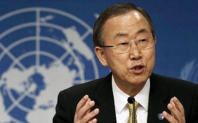 UN Secretary-General Ban Ki-Moon speaks at a press conference during Syrian peace talks in Montreux, Switzerland, Wednesday (photo credit: AP/Gary Cameron)
